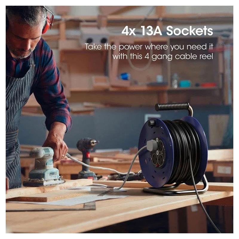 Philex 4-Way Extension Reel Heavy Duty 13A 50 Metre - Black & Blue