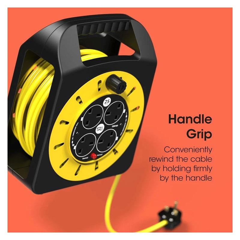 SLx 4 Socket Outdoor Extension Lead 25m 13A Fused UK Plug Heavy Duty Extension Cable Reel - Yellow/Black