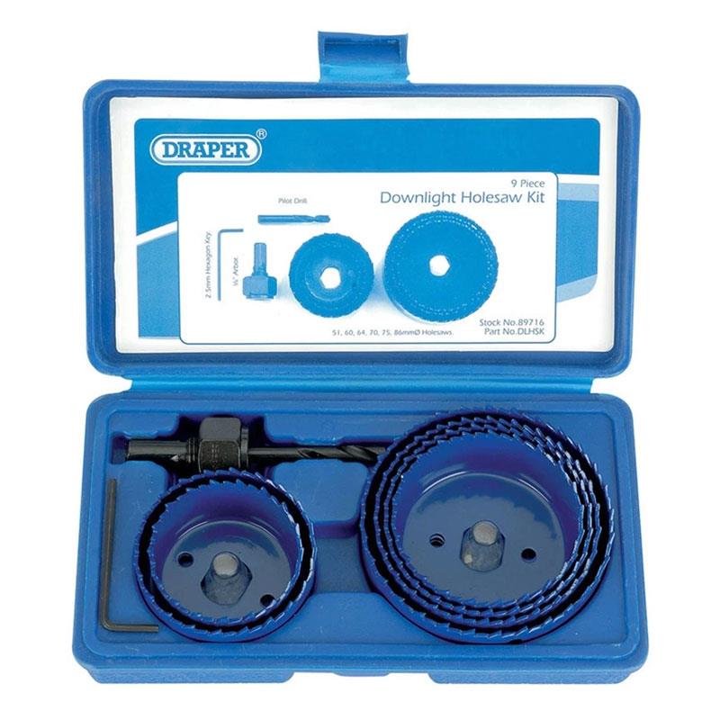 Draper Downlight Holesaw Kit Hole Cutter Set HSS Pilot Drill Hexagon Key 9 Piece