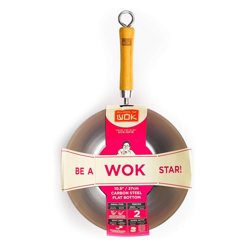 School of Wok 10.5'/27cm Carbon Steel Wok Flat Bottom Bamboo Handle Silver