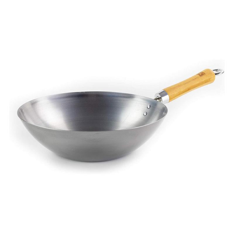 School of Wok 10.5'/27cm Carbon Steel Wok Flat Bottom Bamboo Handle Silver