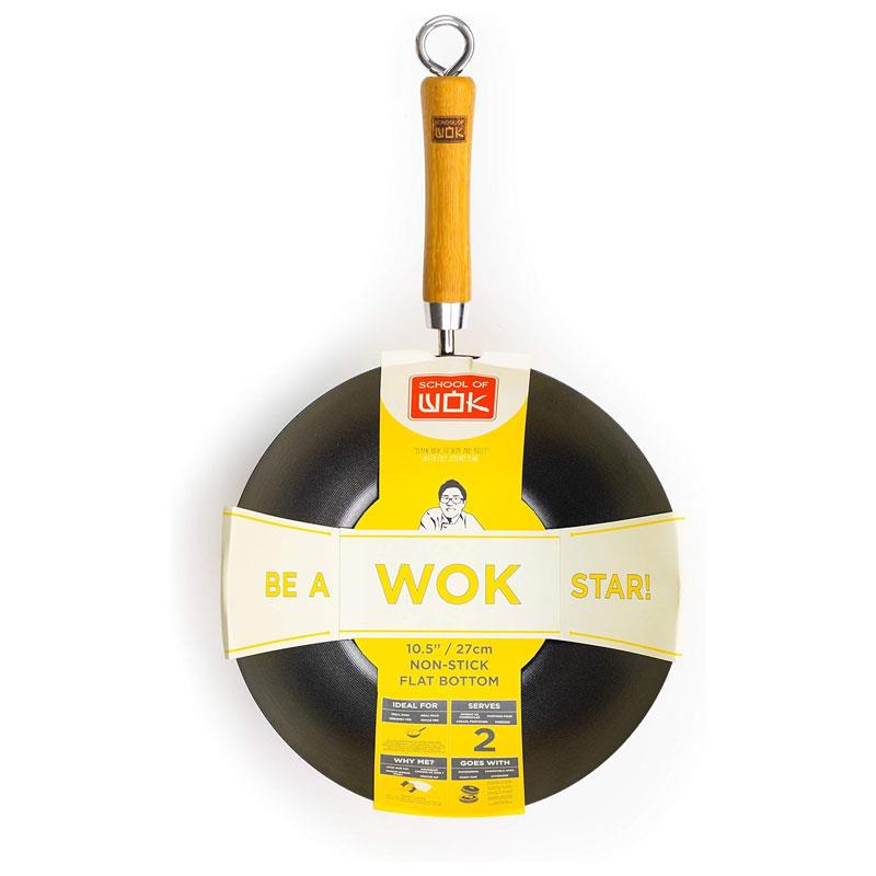 School of Wok 10.5'/27cm Non-Stick Carbon Steel Wok Flat Bottom Bamboo Handle Silver
