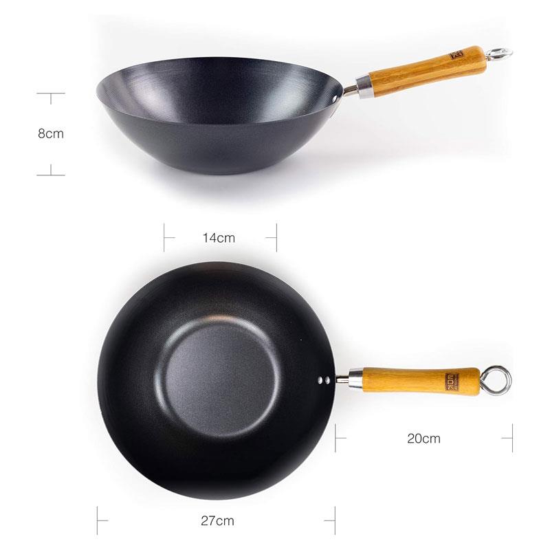 School of Wok 10.5'/27cm Non-Stick Carbon Steel Wok Flat Bottom Bamboo Handle Silver