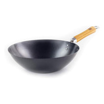 School of Wok 10.5'/27cm Non-Stick Carbon Steel Wok Flat Bottom Bamboo Handle Silver
