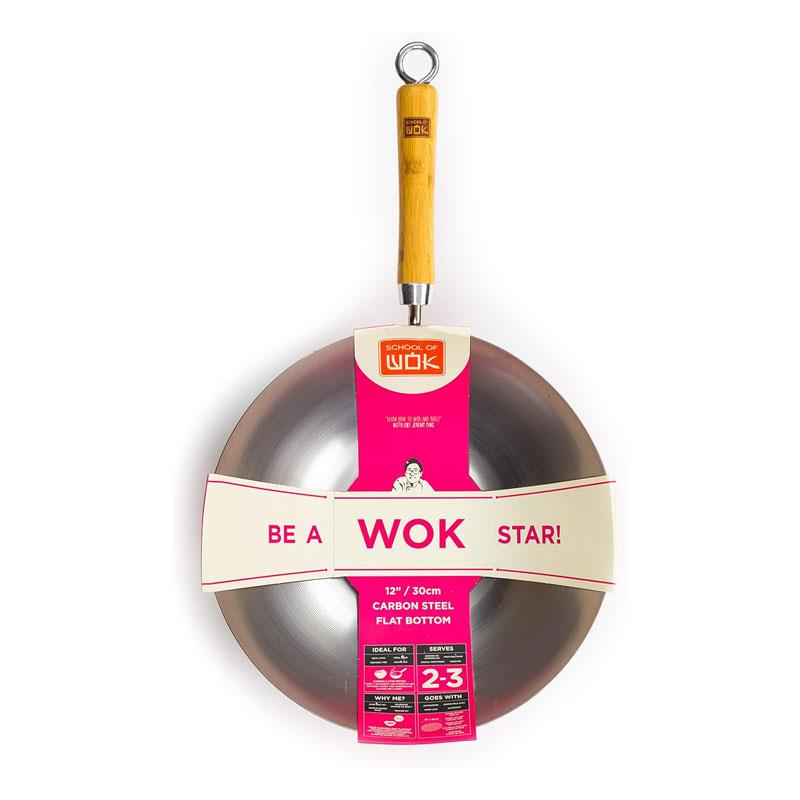 School of Wok 12'/30cm Carbon Steel Wok Flat Bottom Bamboo Handle Silver Main image