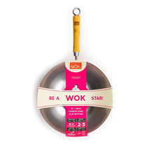 School of Wok 12'/30cm Carbon Steel Wok Flat Bottom Bamboo Handle Silver