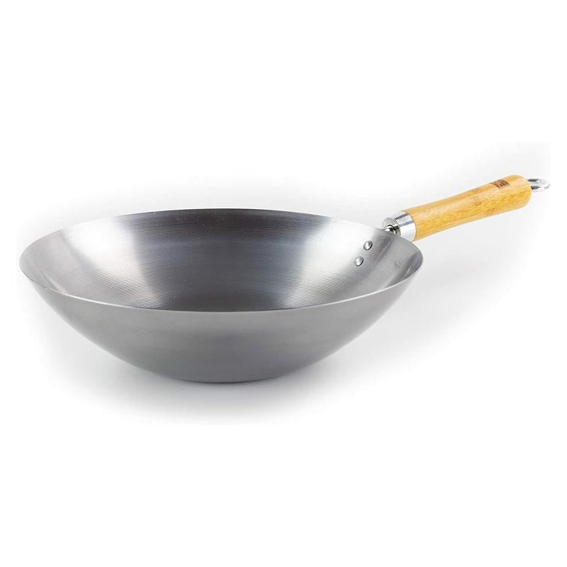 School of Wok 12'/30cm Carbon Steel Wok Flat Bottom Bamboo Handle Silver