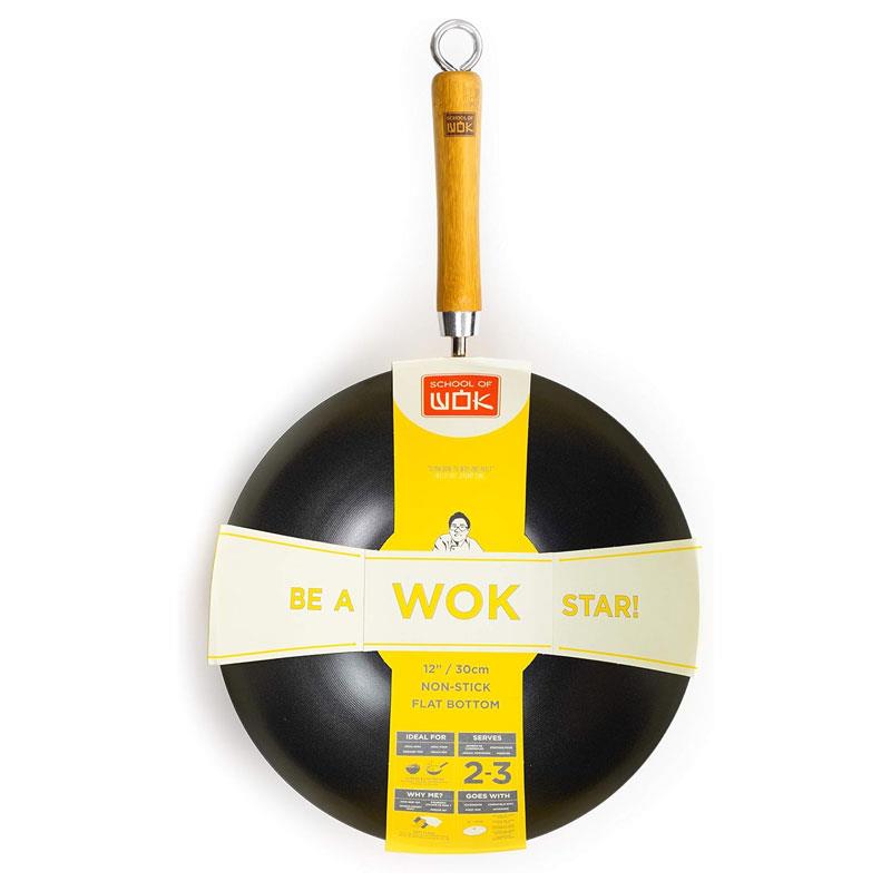School of Wok 12'/30cm Non-Stick Carbon Steel Wok Flat Bottom Bamboo Handle Silver Main image