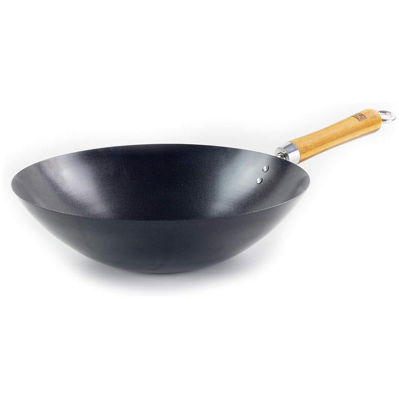 School of Wok 12'/30cm Non-Stick Carbon Steel Wok Flat Bottom Bamboo Handle Silver