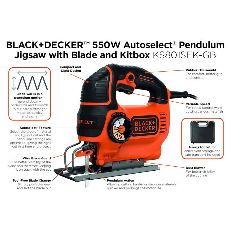 Black & Decker Autoselect Pendulum Jigsaw With Blade And Kit Box 550W 230V - Black/Orange