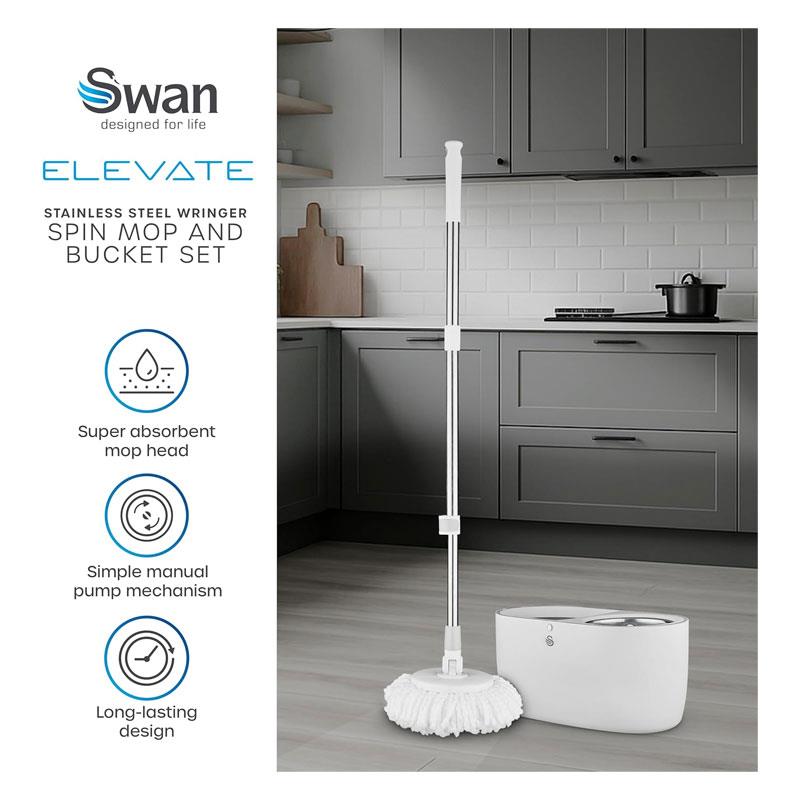 Swan Elevate Spin Mop And 5 Litre Bucket Set Stainless Steel Wringer White