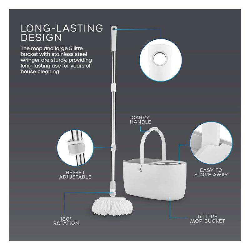 Swan Elevate Spin Mop And 5 Litre Bucket Set Stainless Steel Wringer White