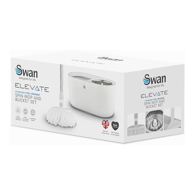 Swan Elevate Spin Mop And 5 Litre Bucket Set Stainless Steel Wringer White