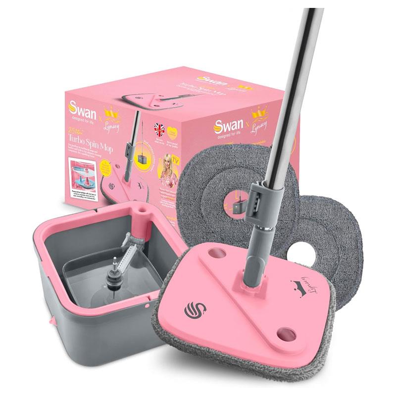 Swan x Lynsey Turbo Spin Mop 360° Rinse & Wring 2.5L Dual Tanks Microfibre Heads Pink/Grey