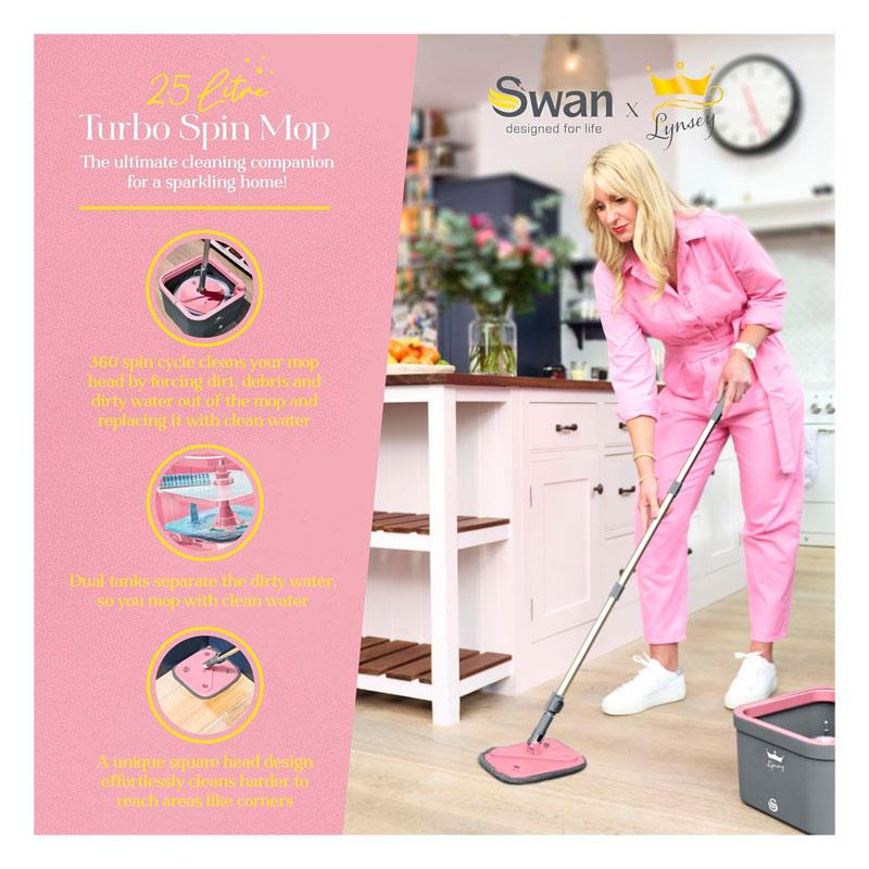 Swan x Lynsey Turbo Spin Mop 360° Rinse & Wring 2.5L Dual Tanks Microfibre Heads Pink/Grey