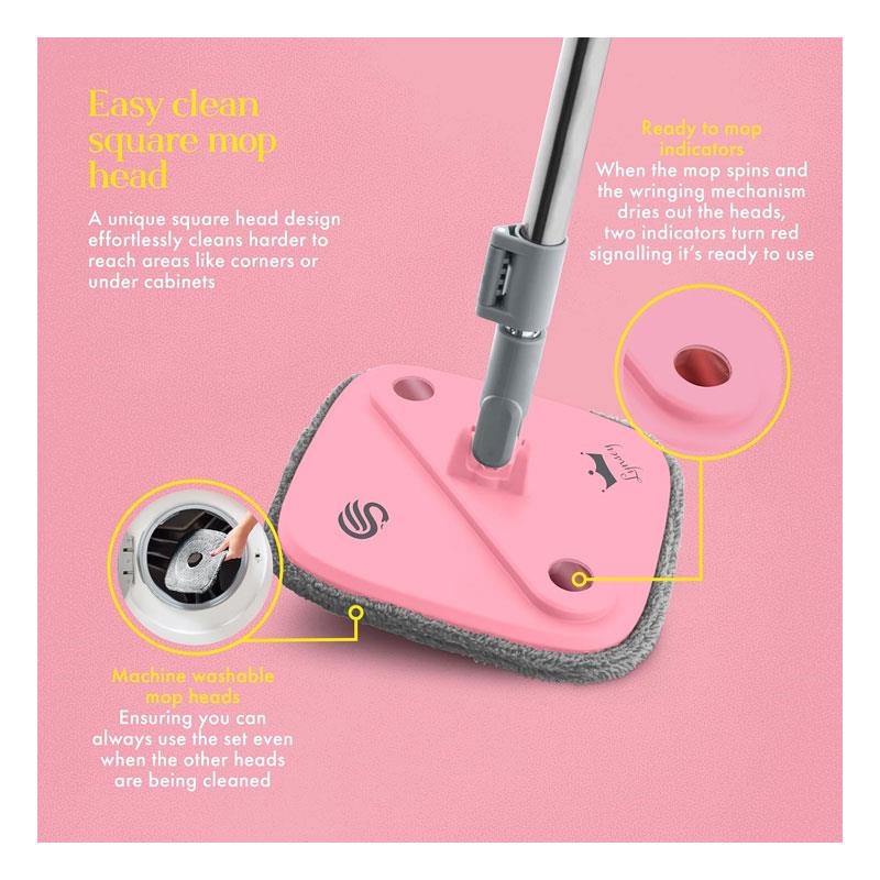 Swan x Lynsey Turbo Spin Mop 360° Rinse & Wring 2.5L Dual Tanks Microfibre Heads Pink/Grey