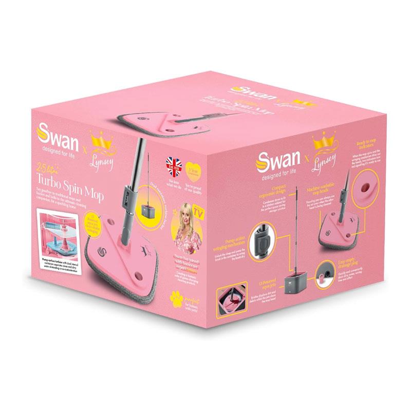 Swan x Lynsey Turbo Spin Mop 360° Rinse & Wring 2.5L Dual Tanks Microfibre Heads Pink/Grey