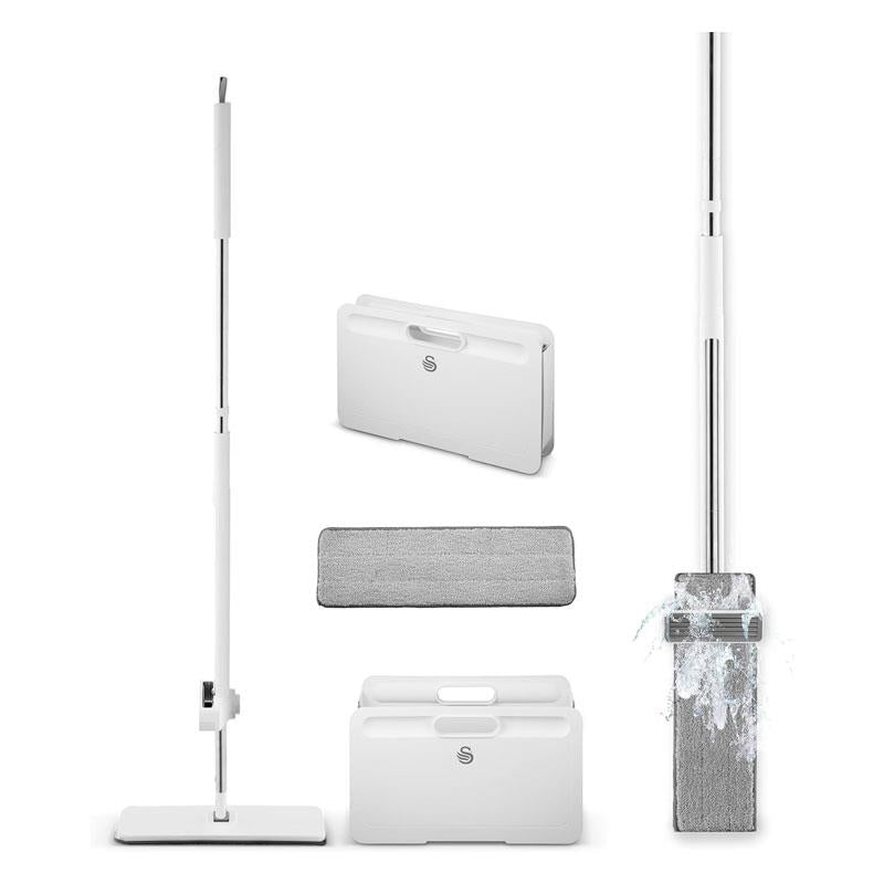 Swan Elevate Self-Wringing Flat Mop & Folding Bucket Set 2 Wringing Settings Microfibre Pad White Main image