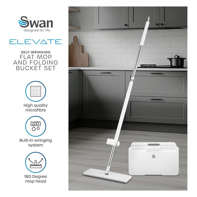 Swan Elevate Self-Wringing Flat Mop & Folding Bucket Set 2 Wringing Settings Microfibre Pad White