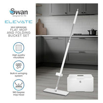 Swan Elevate Self-Wringing Flat Mop & Folding Bucket Set 2 Wringing Settings Microfibre Pad White