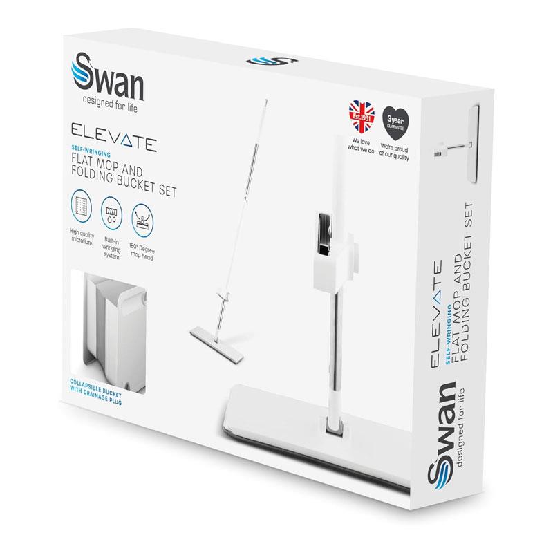 Swan Elevate Self-Wringing Flat Mop & Folding Bucket Set 2 Wringing Settings Microfibre Pad White