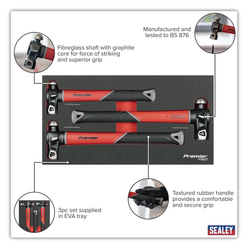 Sealey Premier Ball Pein Hammer Set Fibreglass Shafts 3 Piece