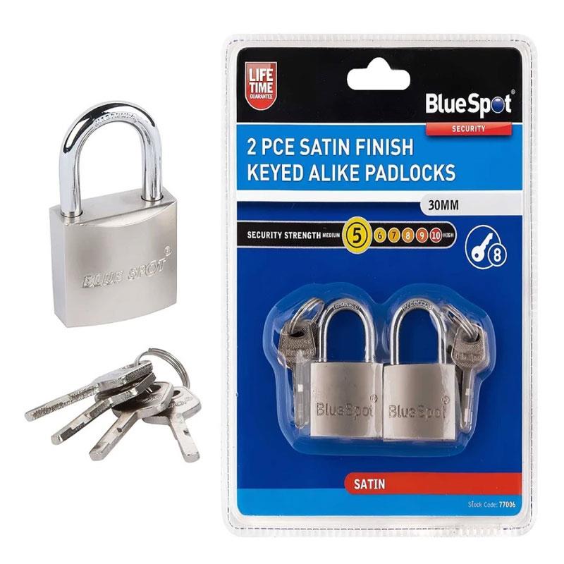 Blue Spot Tools 30mm Satin Finish Keyed Alike Padlocks With 2 x 4 Keys