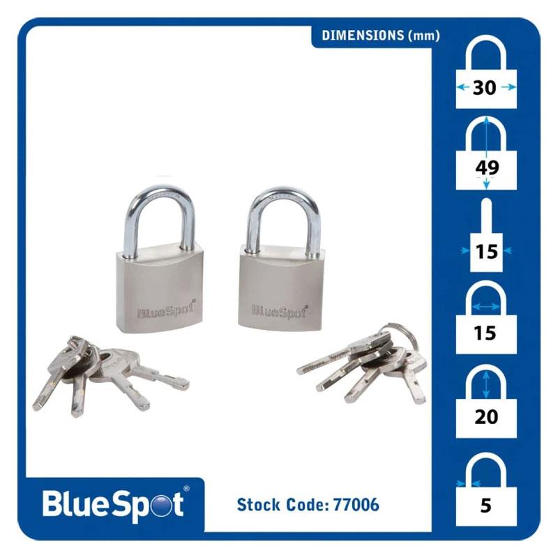 Blue Spot Tools 30mm Satin Finish Keyed Alike Padlocks With 2 x 4 Keys