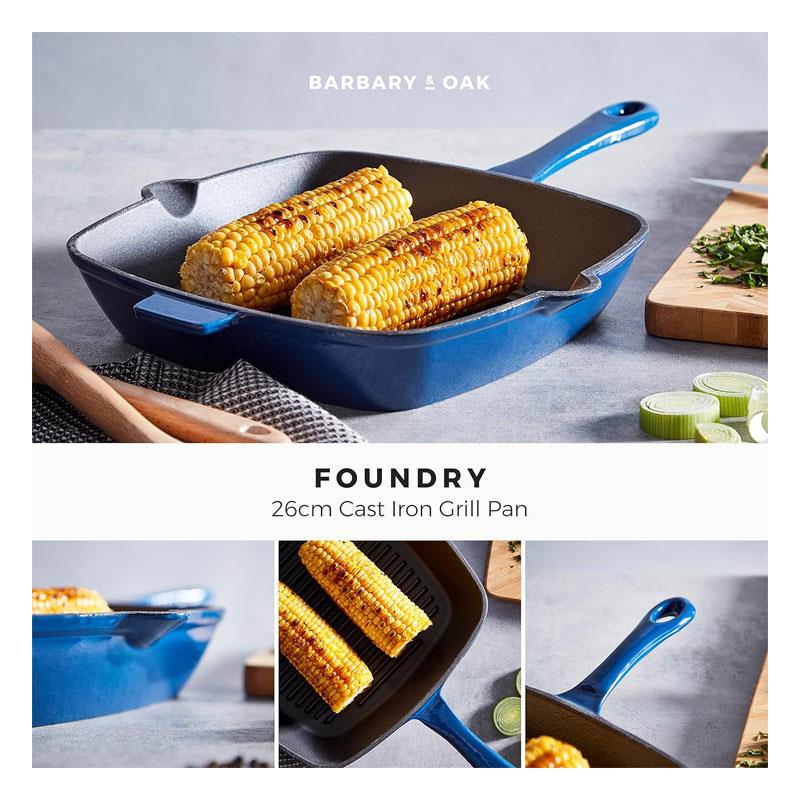 Barbary & Oak 26cm Cast Iron Grill Pan Durable Enamel Interior Limoges Blue