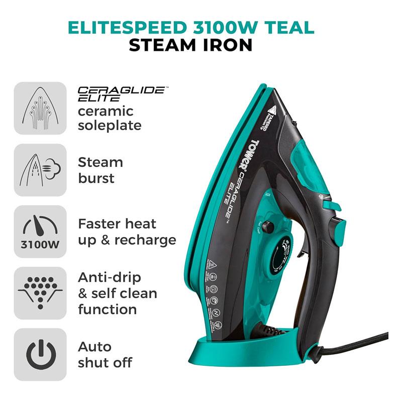 Tower Ceraglide Elite Steam Iron 3100W 265ml Water Tank Black And Teal