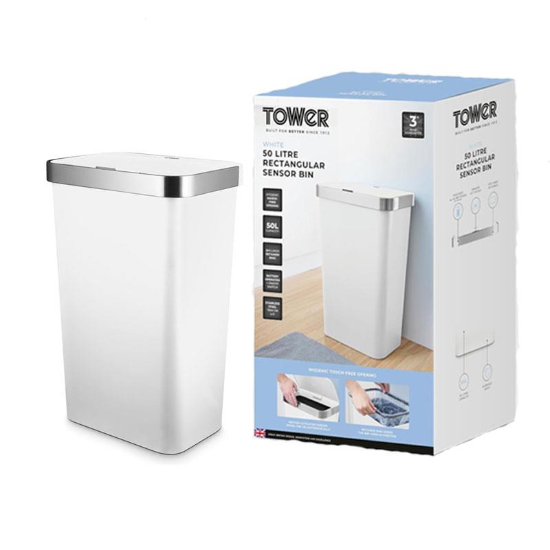 Tower Rectangular ABS Sensor Bin 50 Litres Bin Liner Retainer Ring Durable PP Body Stainless Steel Trim White