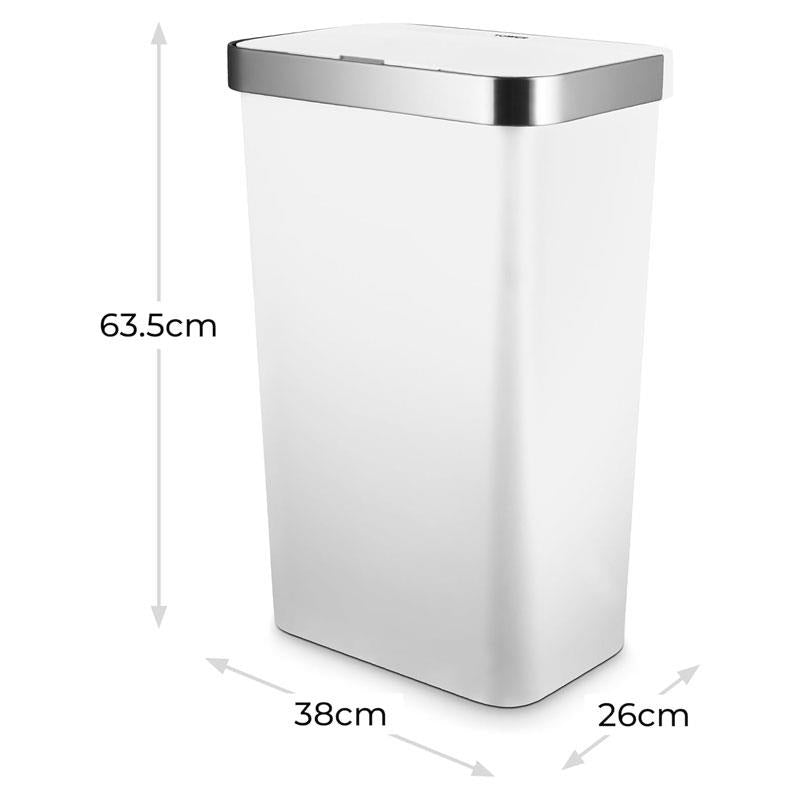 Tower Rectangular ABS Sensor Bin 50 Litres Bin Liner Retainer Ring Durable PP Body Stainless Steel Trim White