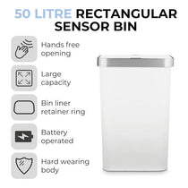 Tower Rectangular ABS Sensor Bin 50 Litres Bin Liner Retainer Ring Durable PP Body Stainless Steel Trim White