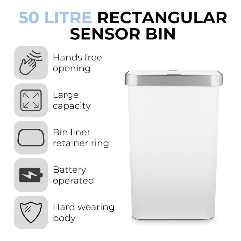 Tower Rectangular ABS Sensor Bin 50 Litres Bin Liner Retainer Ring Durable PP Body Stainless Steel Trim White