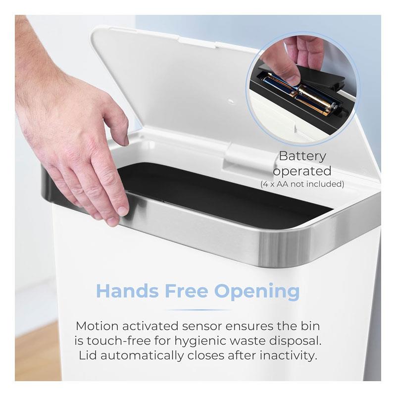 Tower Rectangular ABS Sensor Bin 50 Litres Bin Liner Retainer Ring Durable PP Body Stainless Steel Trim White