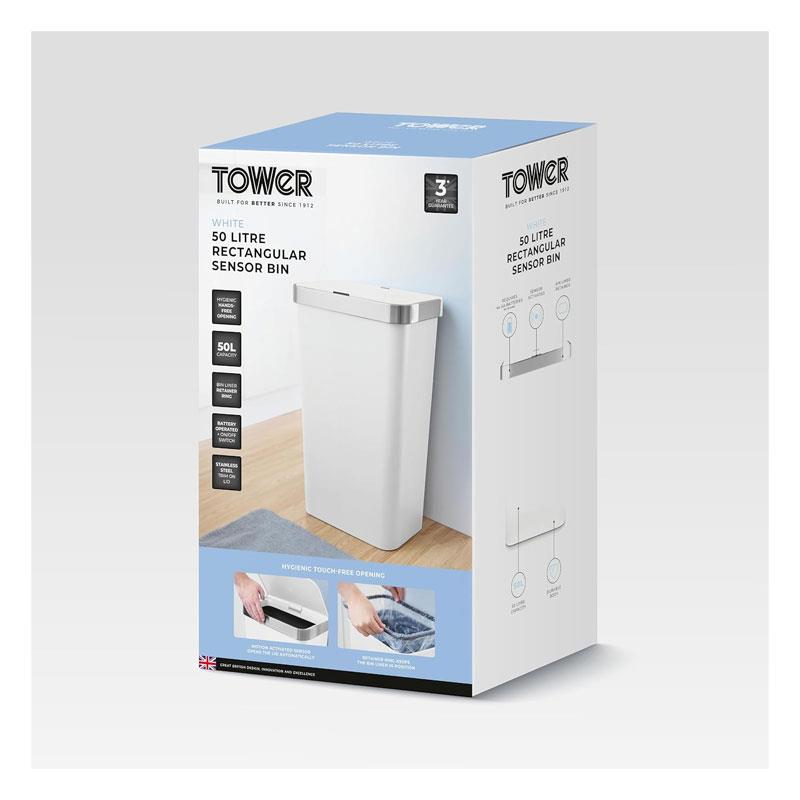 Tower Rectangular ABS Sensor Bin 50 Litres Bin Liner Retainer Ring Durable PP Body Stainless Steel Trim White