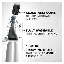 Wahl Precision Ear Nose And Eyebrow Trimmer Vertical Trimming Head Fully Washable 5 Trimming Lengths Silver