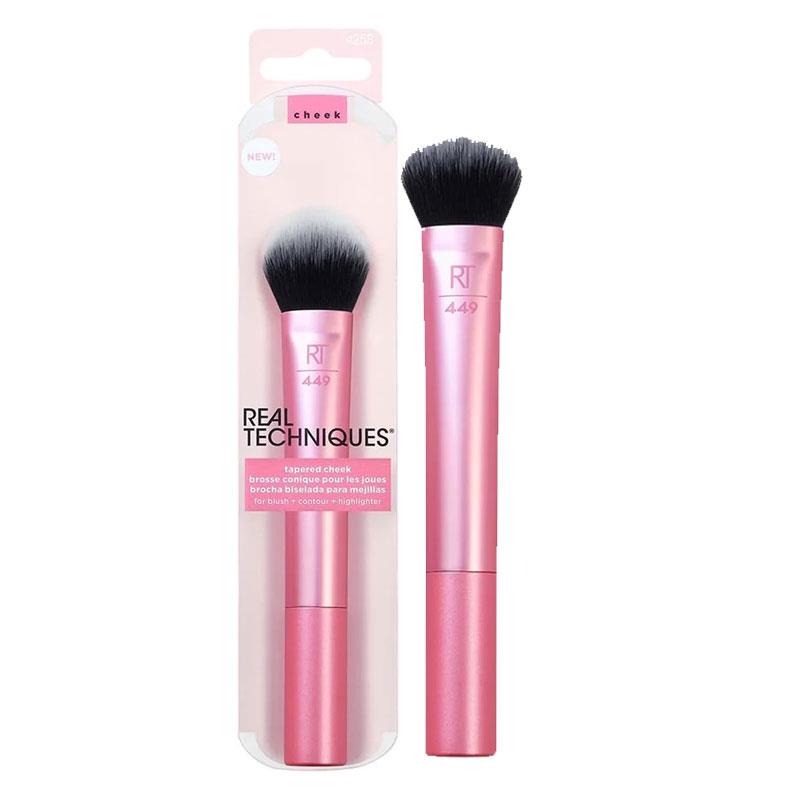 Real Techniques Tapered Cheek Makeup Brush For Blush Highlighter Loose Powder Pink