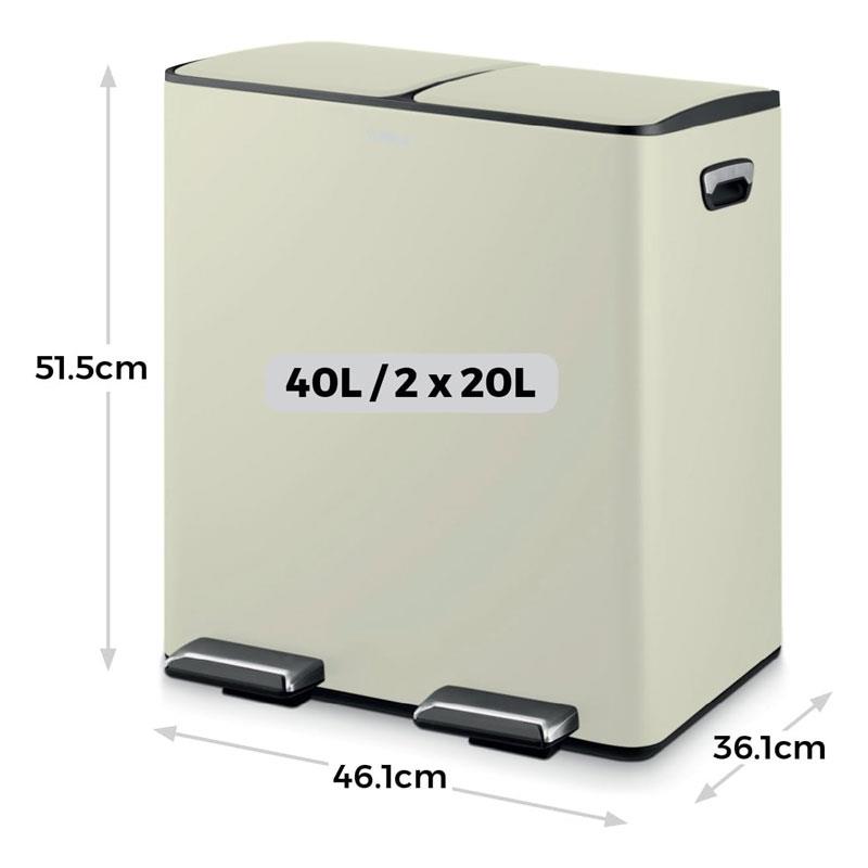 Tower Recycling Pedal Pin Two 20L Compartments Carbon Steel Body Two Inner Buckets 40 Litres Cream Secondary image