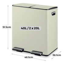 Tower Recycling Pedal Pin Two 20L Compartments Carbon Steel Body Two Inner Buckets 40 Litres Cream