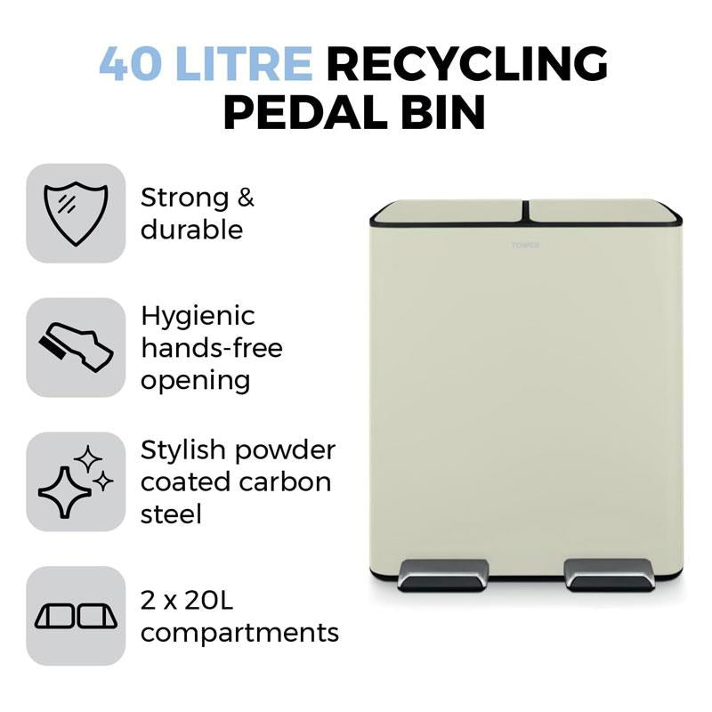 Tower Recycling Pedal Pin Two 20L Compartments Carbon Steel Body Two Inner Buckets 40 Litres Cream