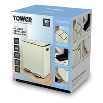 Tower Recycling Pedal Pin Two 20L Compartments Carbon Steel Body Two Inner Buckets 40 Litres Cream