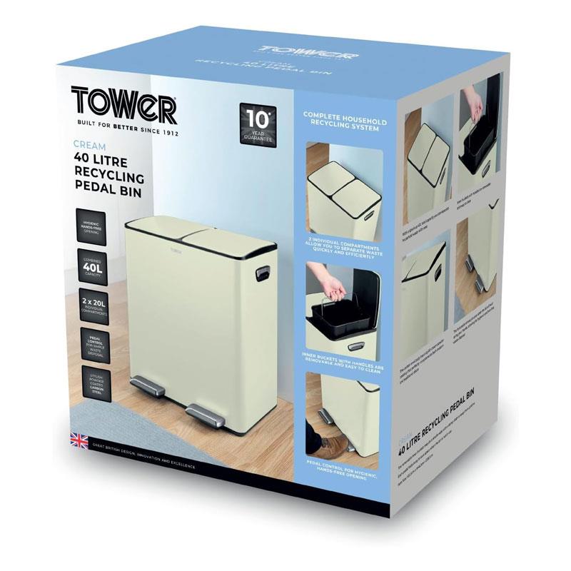 Tower Recycling Pedal Pin Two 20L Compartments Carbon Steel Body Two Inner Buckets 40 Litres Cream