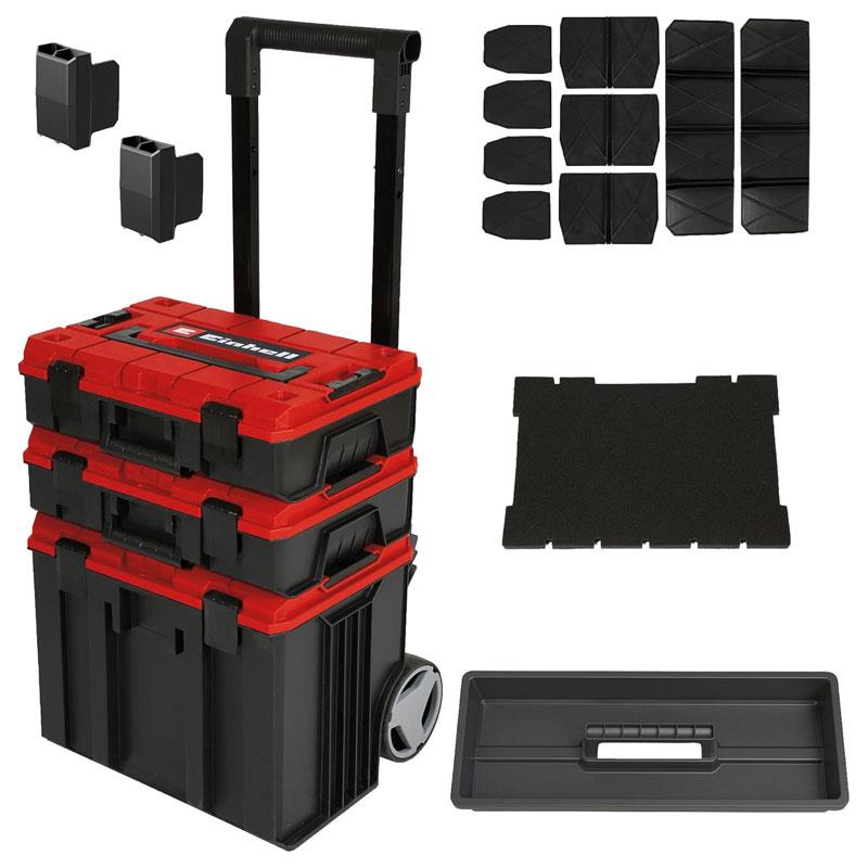 Einhell E-Case Tower Tool Storage System 3 Stackable Cases With Wheels Telescopic Handle Red/Black