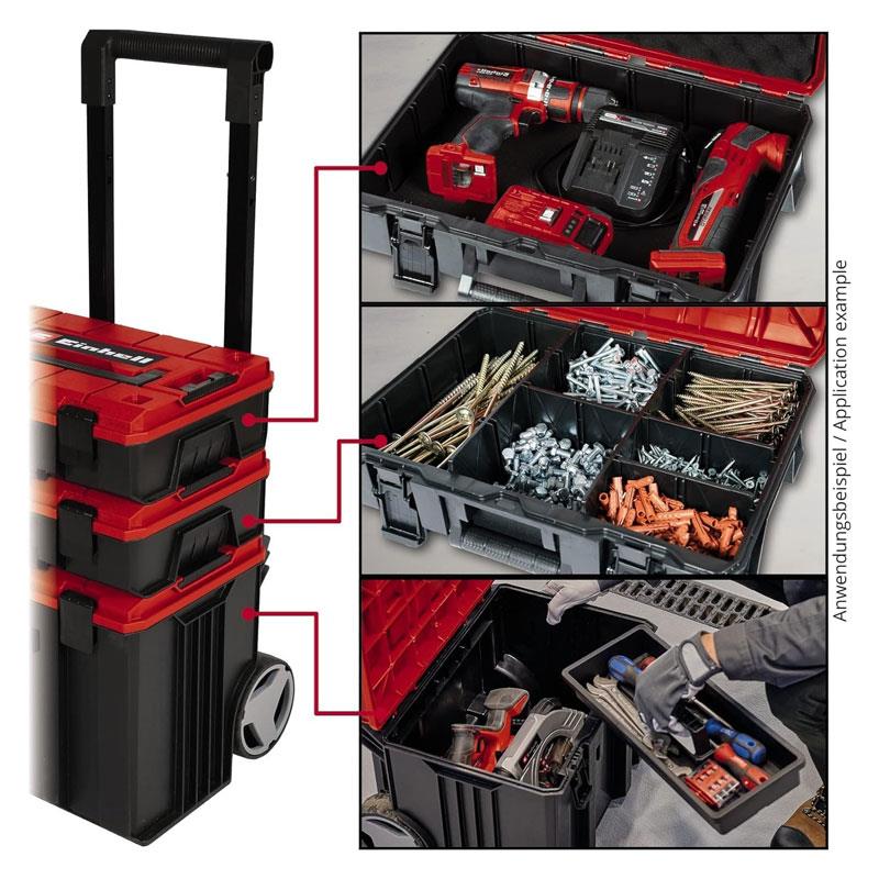 Einhell E-Case Tower Tool Storage System 3 Stackable Cases With Wheels Telescopic Handle Red/Black