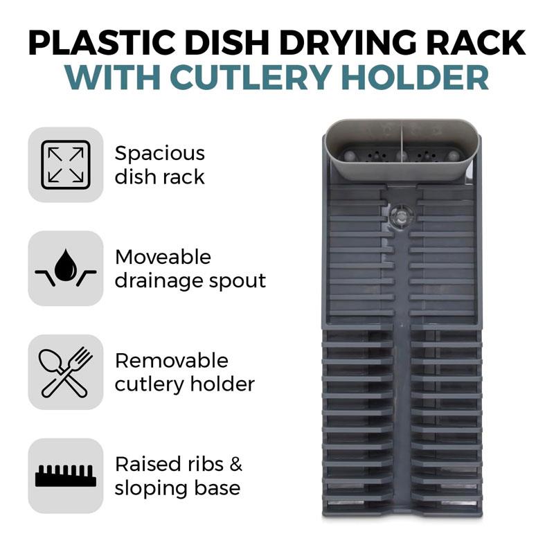 Tower Plastic Dish Drying Rack Removable Cutlery Holder Drainage Spout Sloping Base Grey
