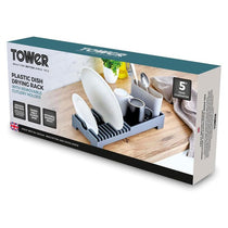 Tower Plastic Dish Drying Rack Removable Cutlery Holder Drainage Spout Sloping Base Grey