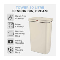 Tower Sensor Bin 50 Litres Retainer Ring Battery Operated Cream