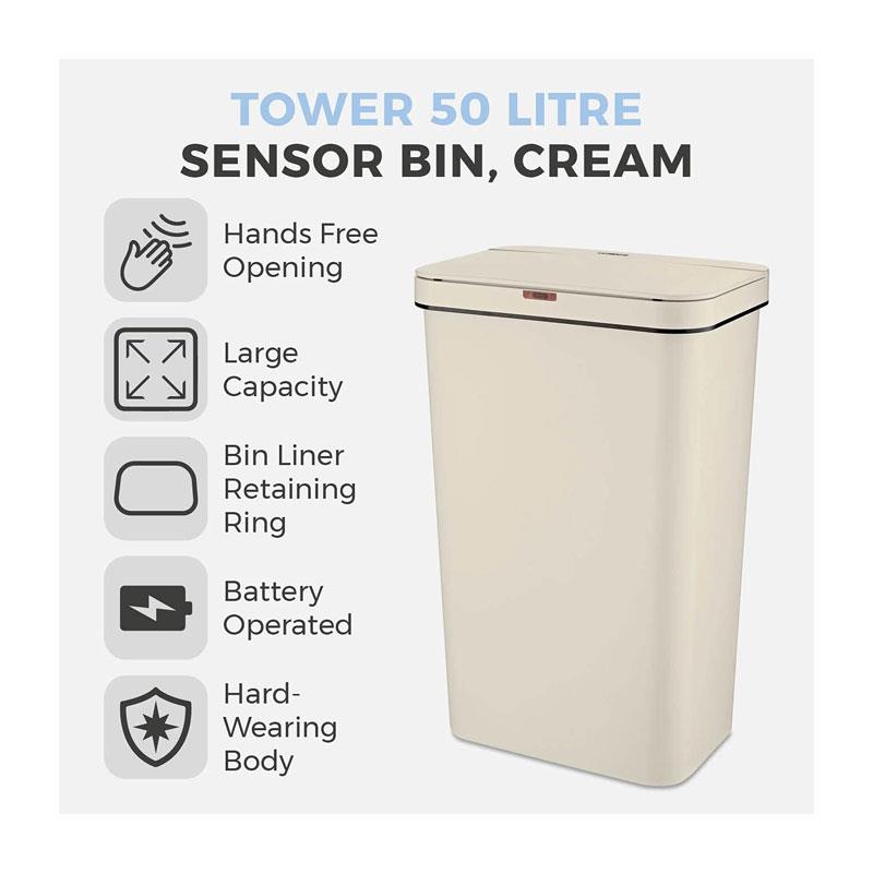 Tower Sensor Bin 50 Litres Retainer Ring Battery Operated Cream