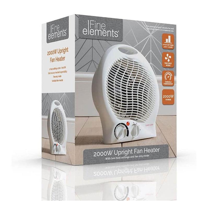 Fine Elements 2000W Upright Fan Heater 2 Heat Settings Thermostat Fan Only Mode Safety Cut-Out Instant Heat Ideal For Small Rooms